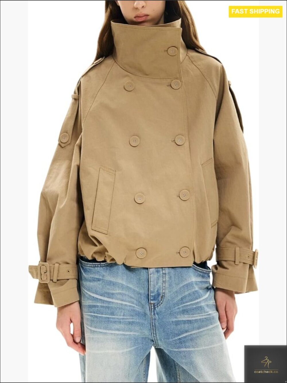 Cropped Trench Coat Funnel Neck Double Breasted Pleated Hem Windproof Jacket